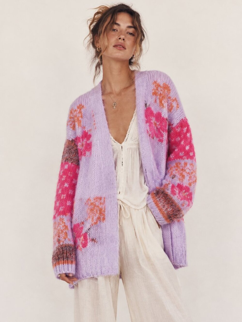 Altar’d State Casey Floral Oversized Open Cardigan Lavender Pink Size L NWT